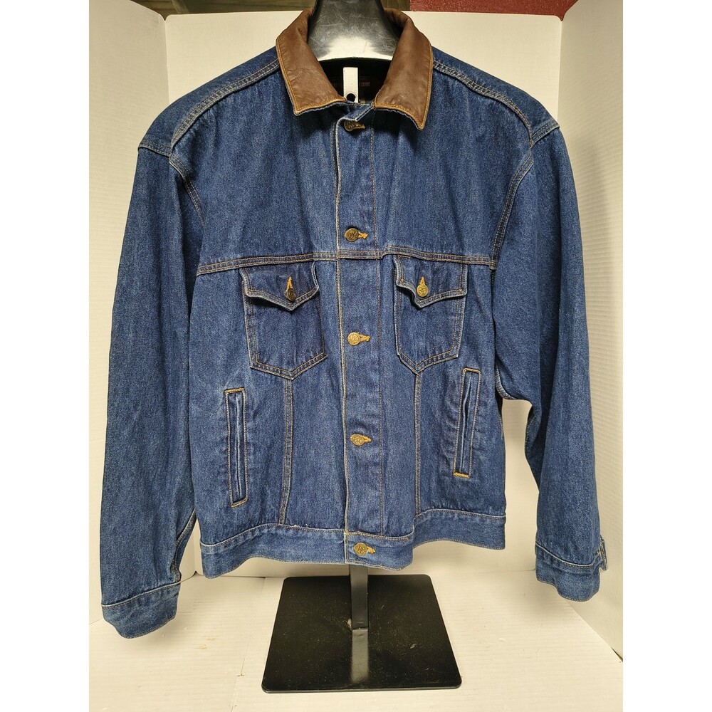 Vintage Marlboro Country Store Denim Trucker Jacket Leather Collar Plaid Size L